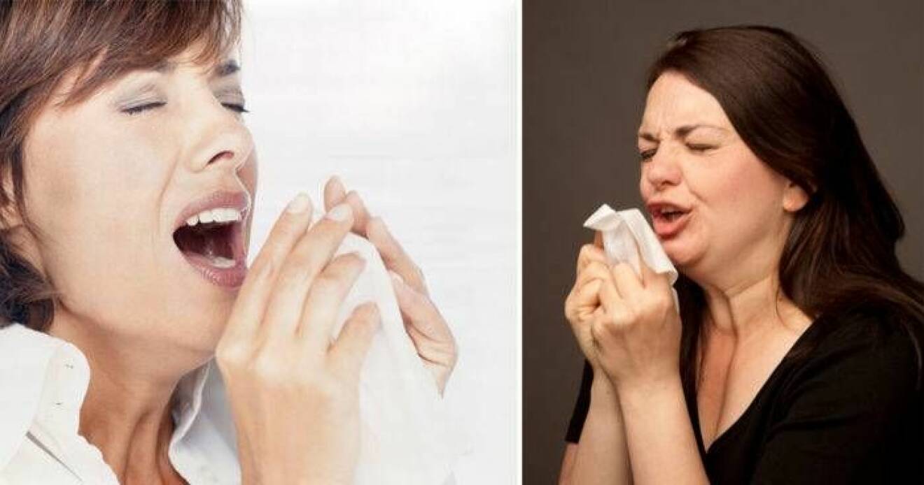 Kvinnor som nyser i näsduk eller servett