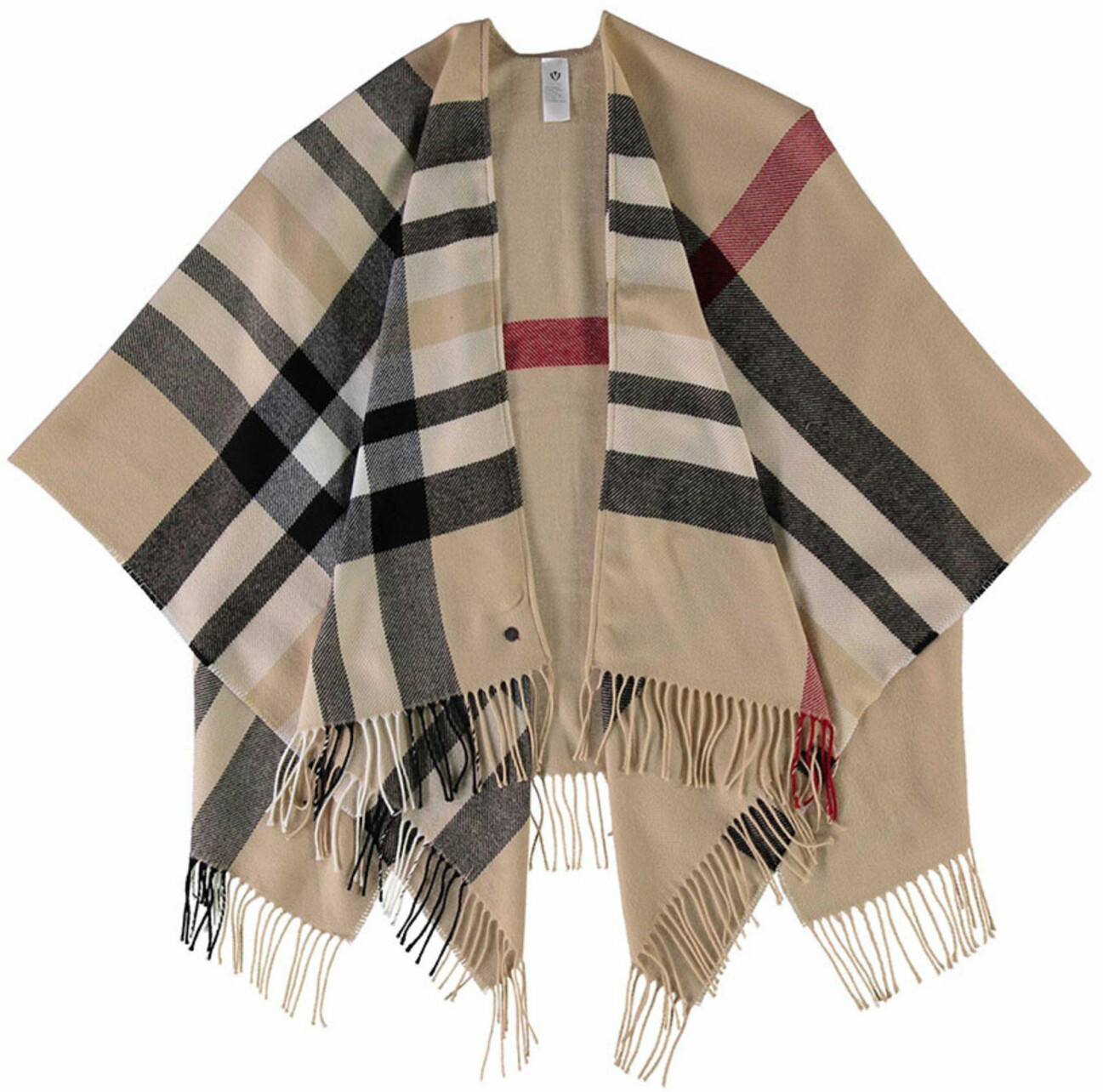 Rutig beige poncho med fransar, från Fraas