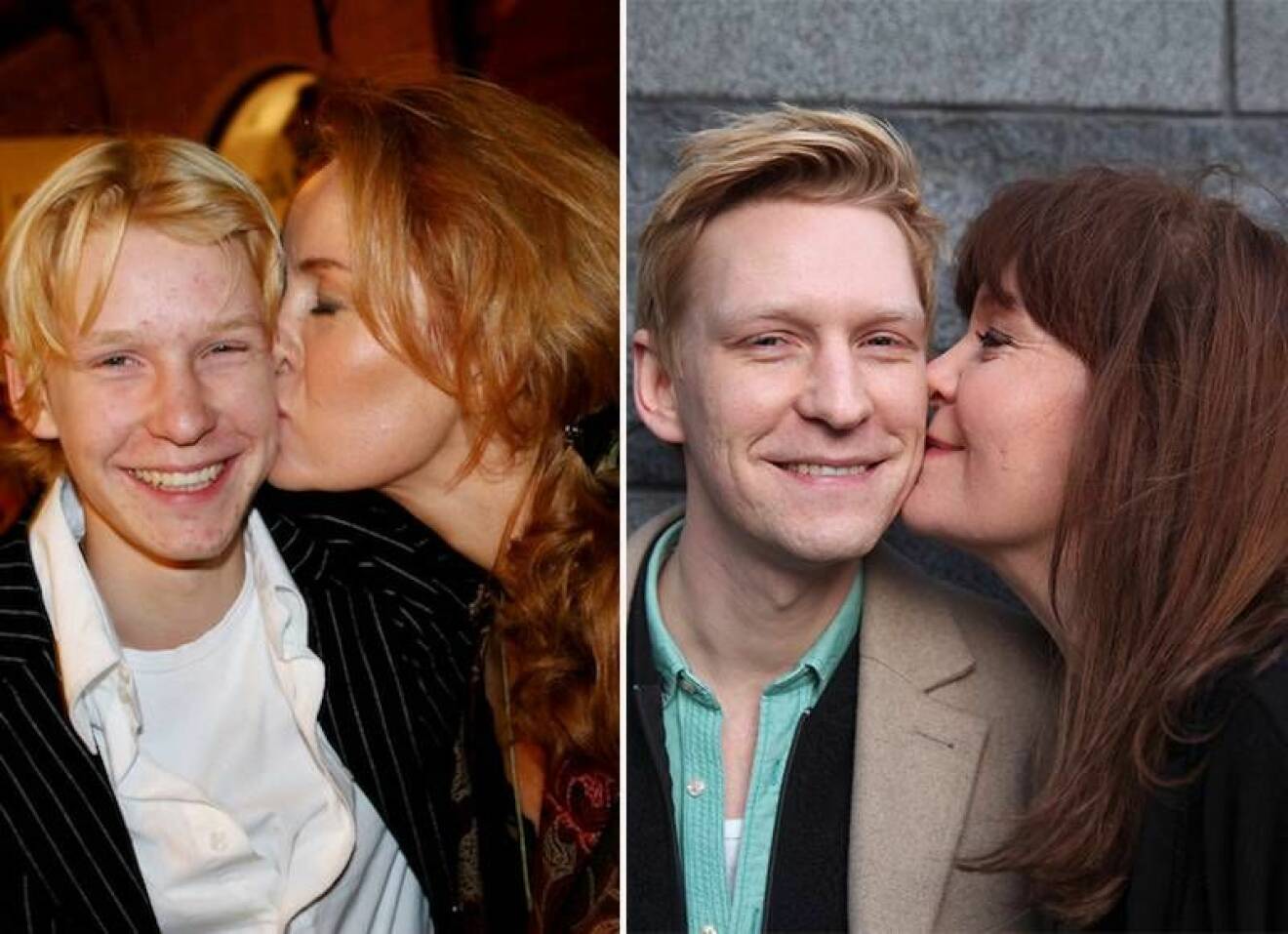Maria pussar på sonen Anton på en bild från 2005 och från 2019.