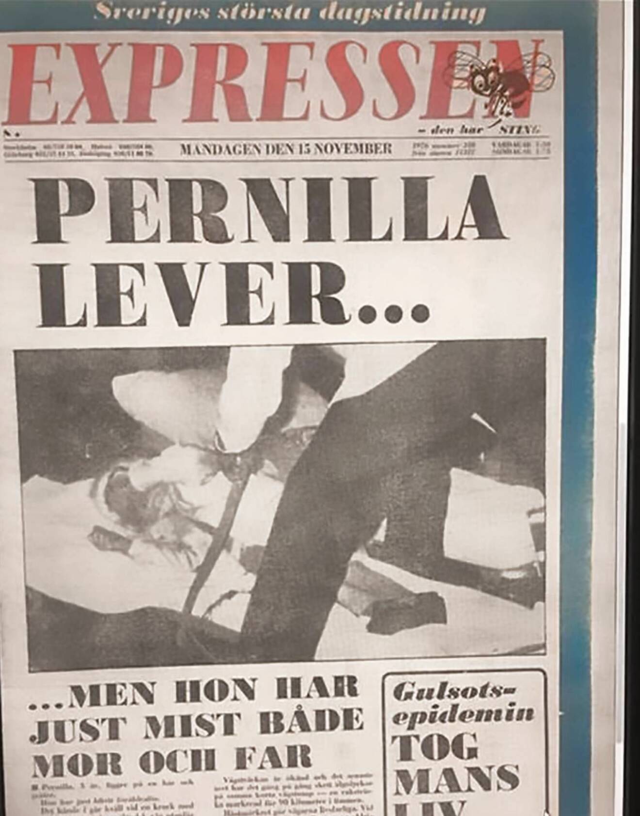 Expressens förstasida från 1976 med rubrik "Pernilla lever".