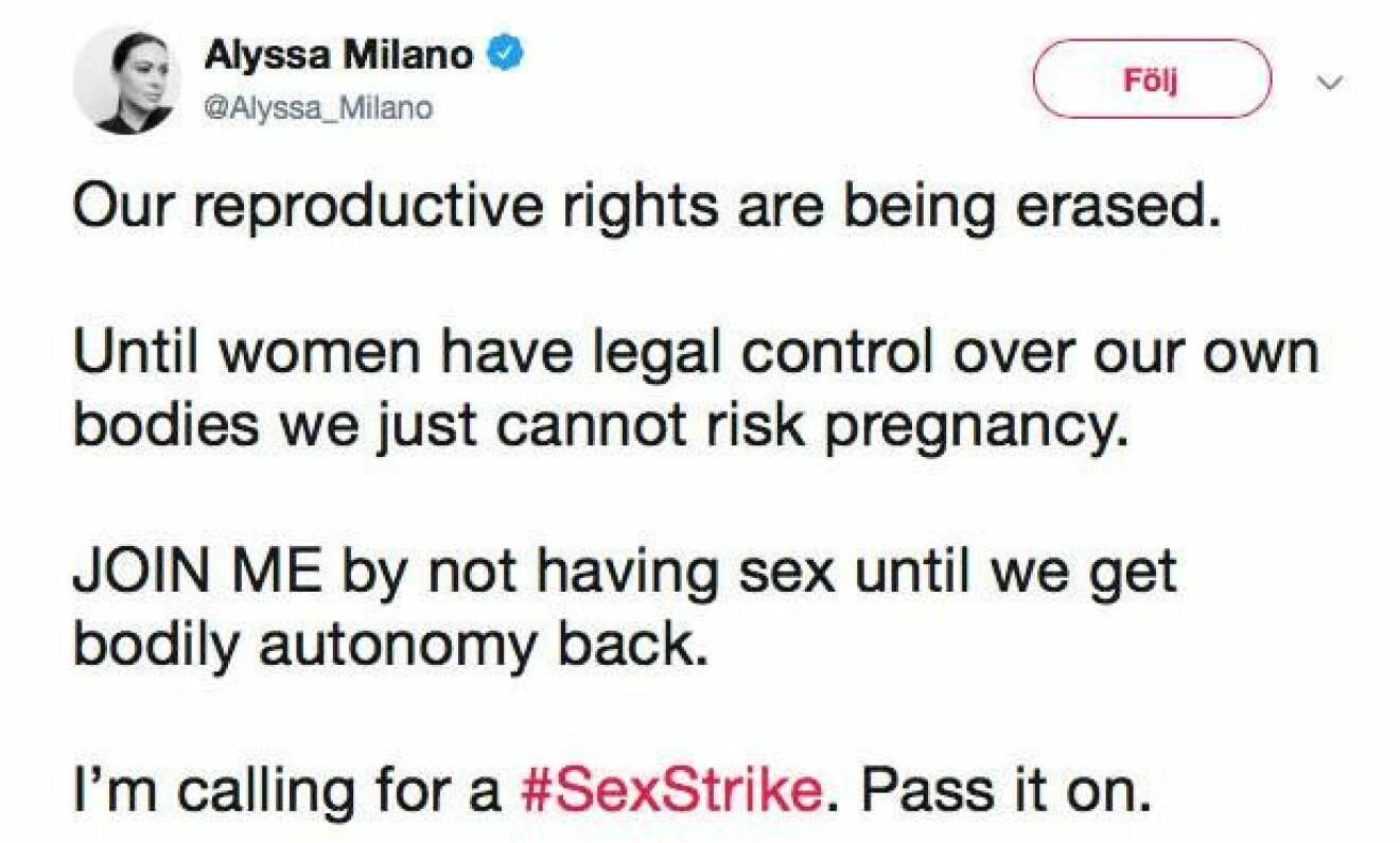 Skådespelerskan Alyssa Milano protesterar på Twitter mot den nya abortlagen i Alabama.
