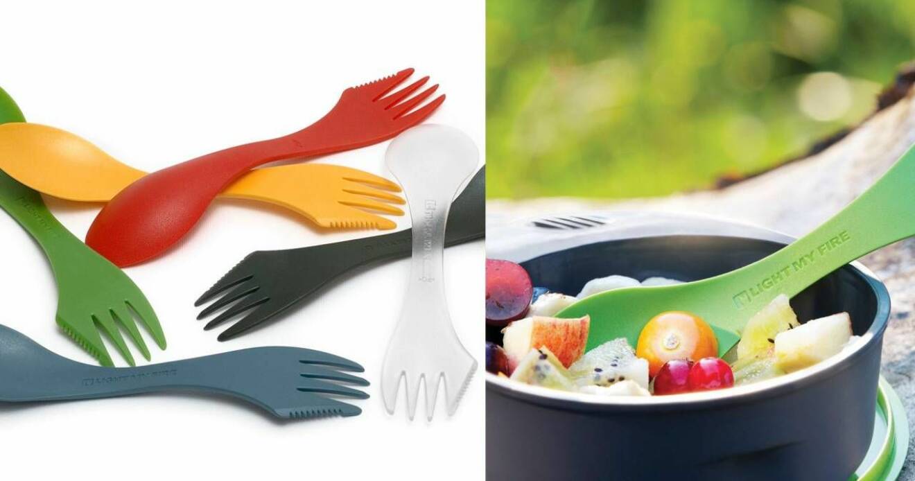 Plastbestick i olika färger, allt i ett, sked, gaffel, kniv.