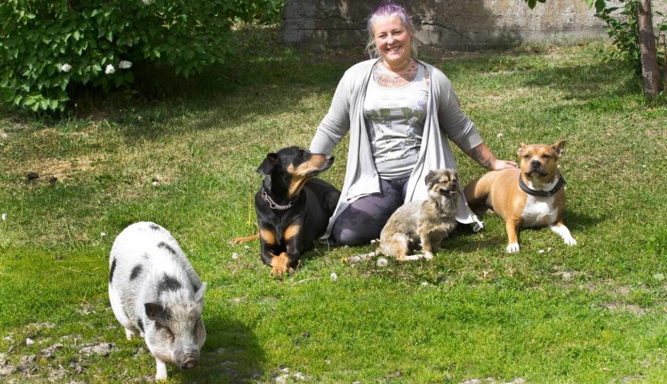 Martina tillsammans med några av sina djur på en gräsmatta