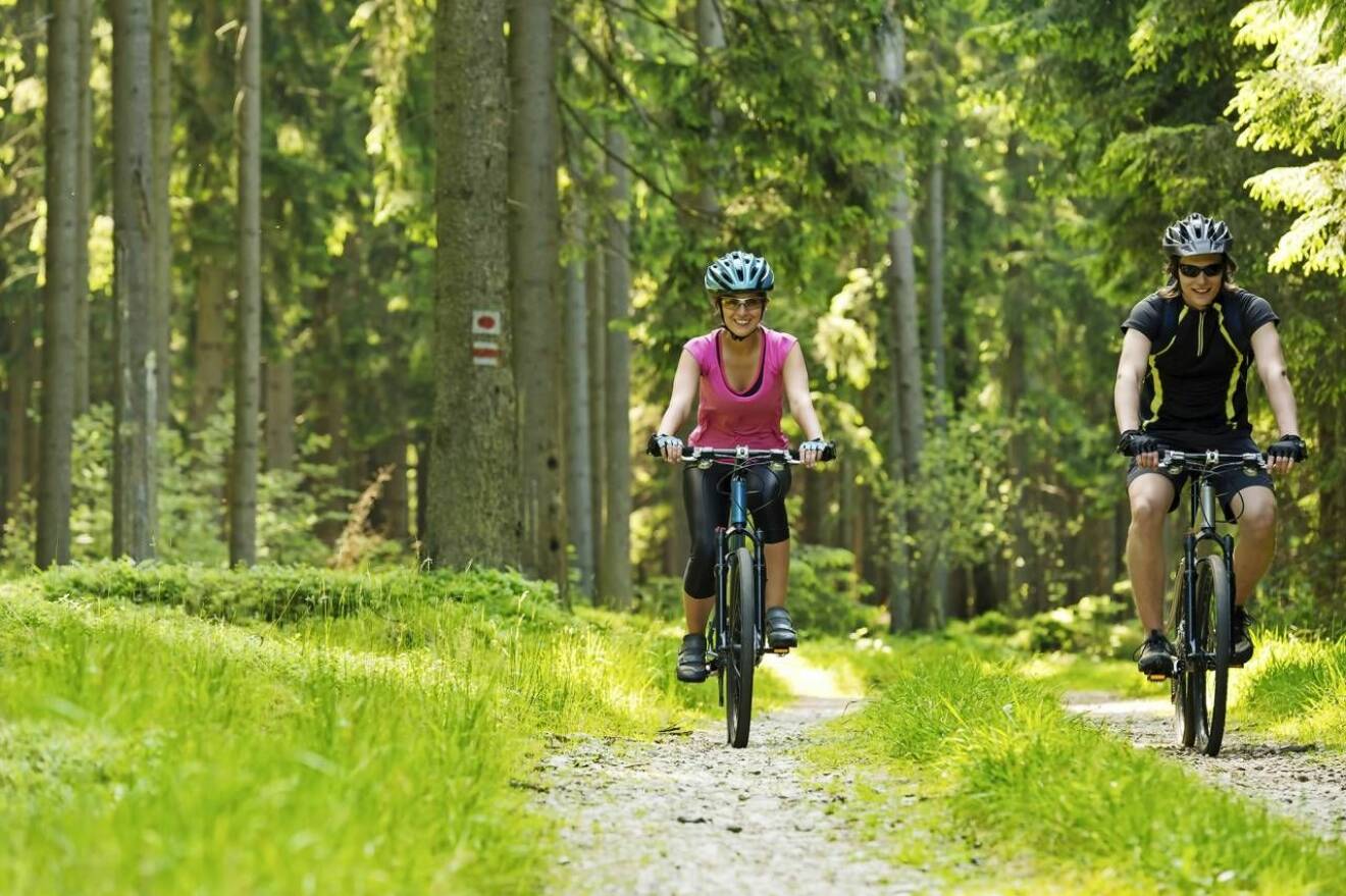 Två personer cyklar i en skog 