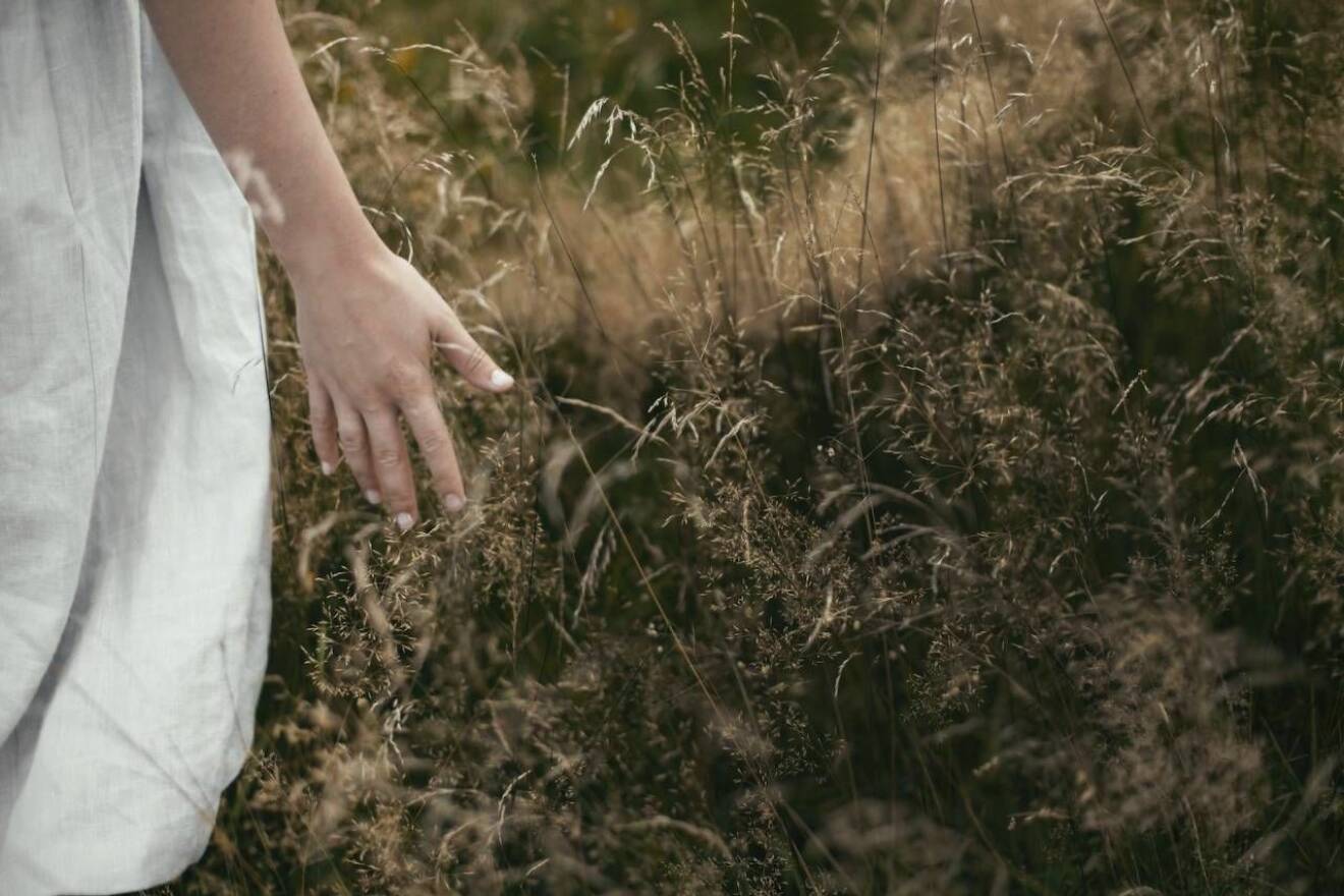 Kvinna drar med handen i gräset