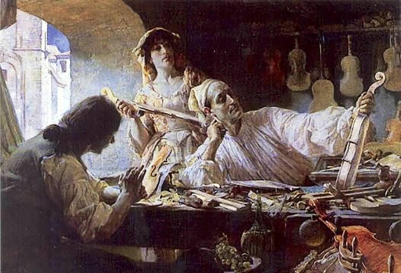 Romantisk målning Antonio Stradivari utförd av brittiske konstnären Edgar Bundy 1893