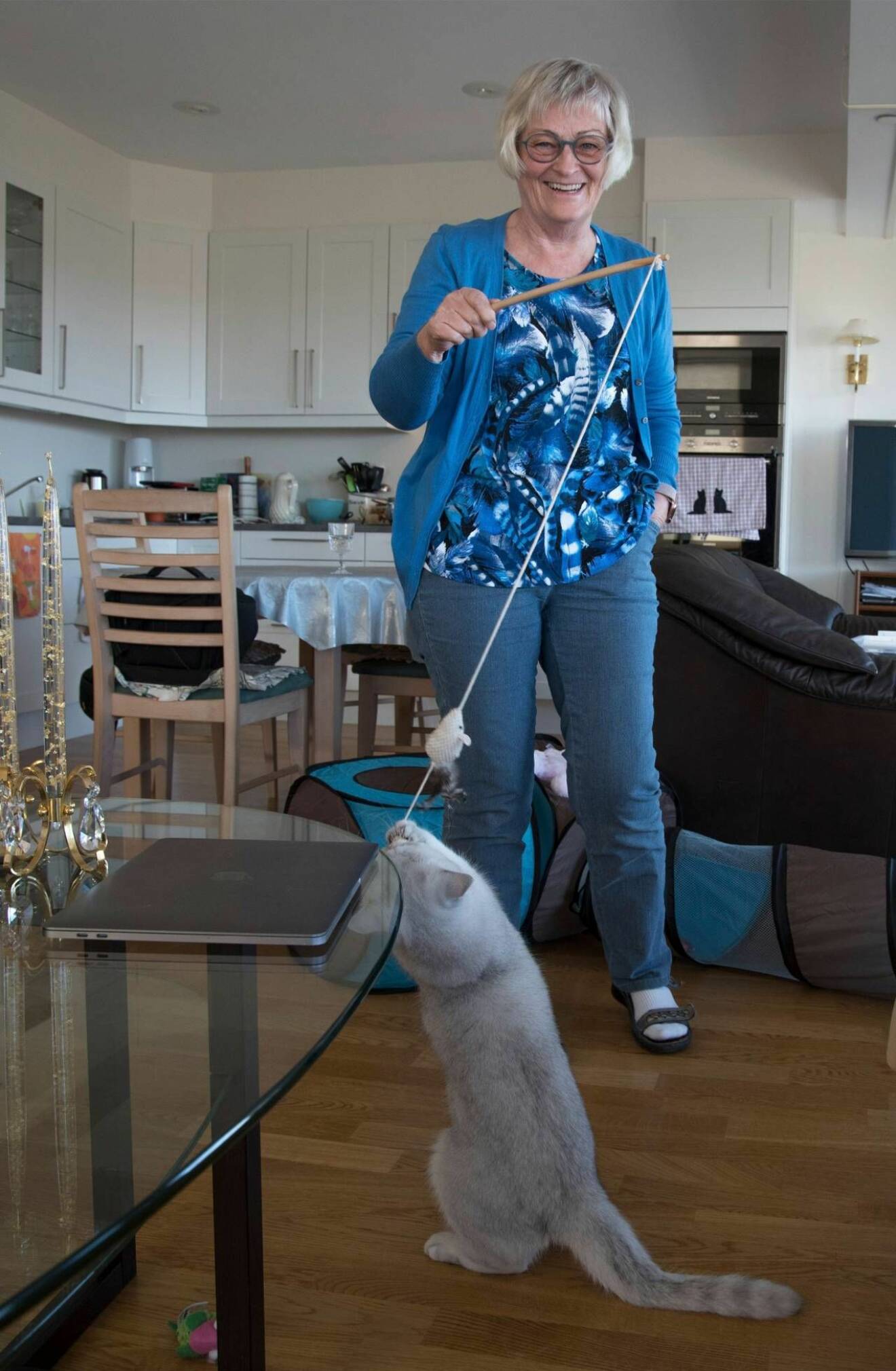 Pensionären Anne Grete i blå kläder leker med en av sina katter.