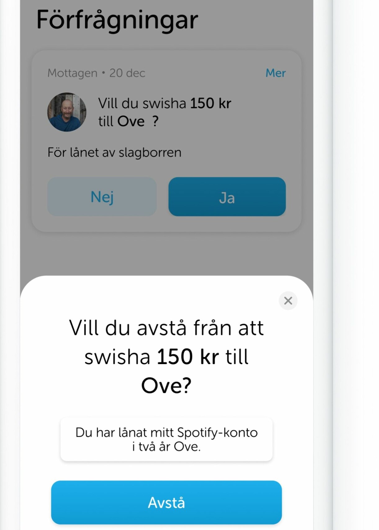 Exempel på hur du avstår från att betala tillbaka i Swish