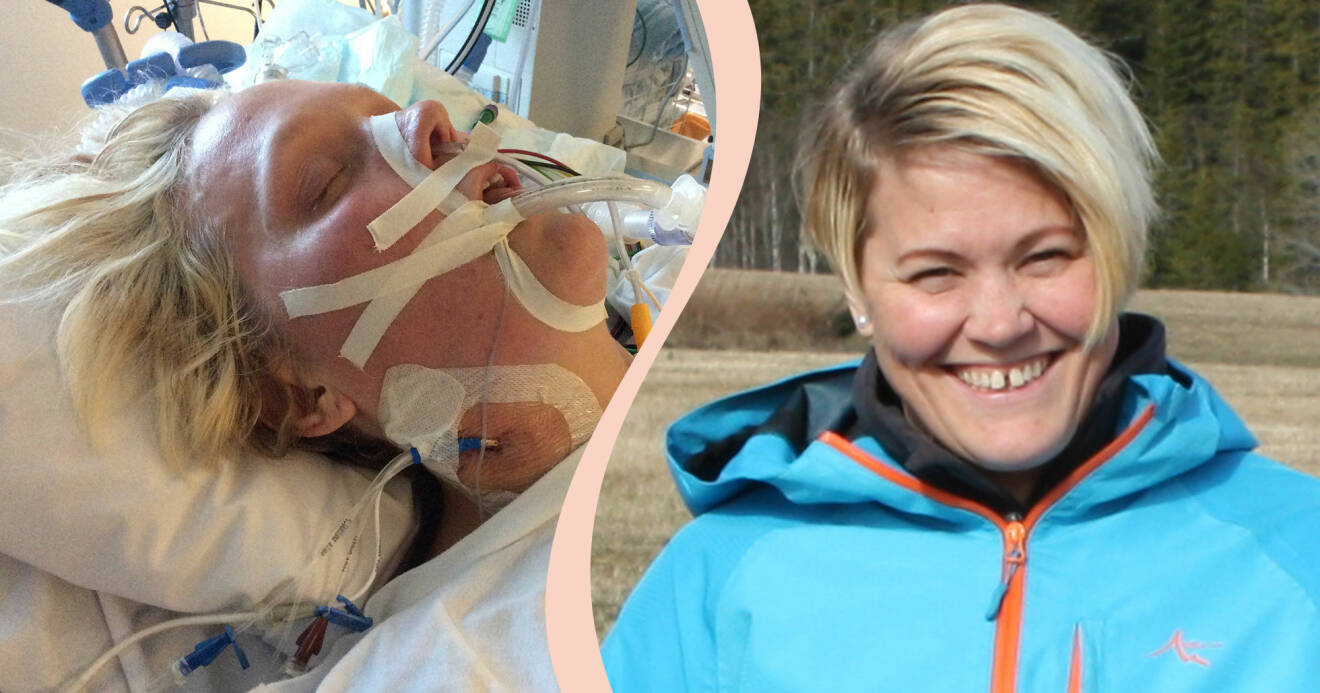 Till vänster: Åsa i sjukhussängen efter en hjärnblödning. Till höger: Åsa ler mot kameran stående på en äng.