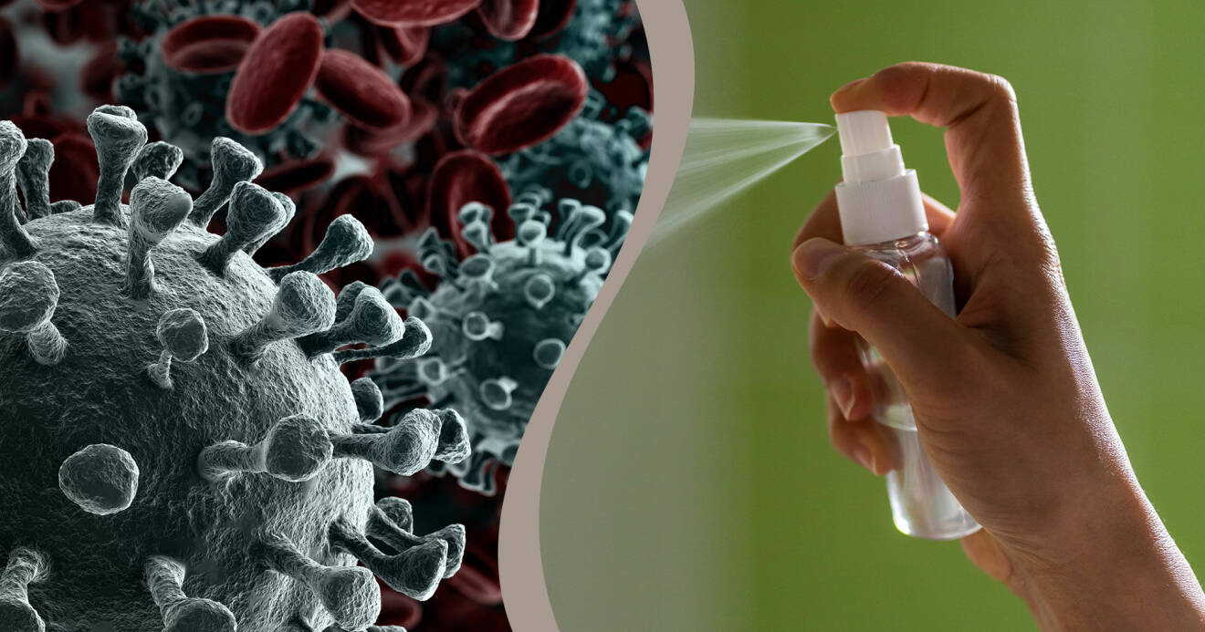 En kombinerad bild av en sprayflaska och coronaviruset.