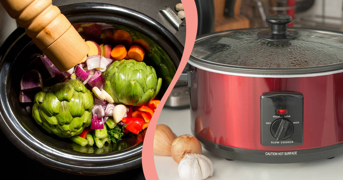 Delad bild: Till vänster syns kronärtskockor och andra grönsaker i en slow cooker och en pepparkvarn som pepprar maten. Till höger syns en röd slow cooker på en diskbänk med locket på.