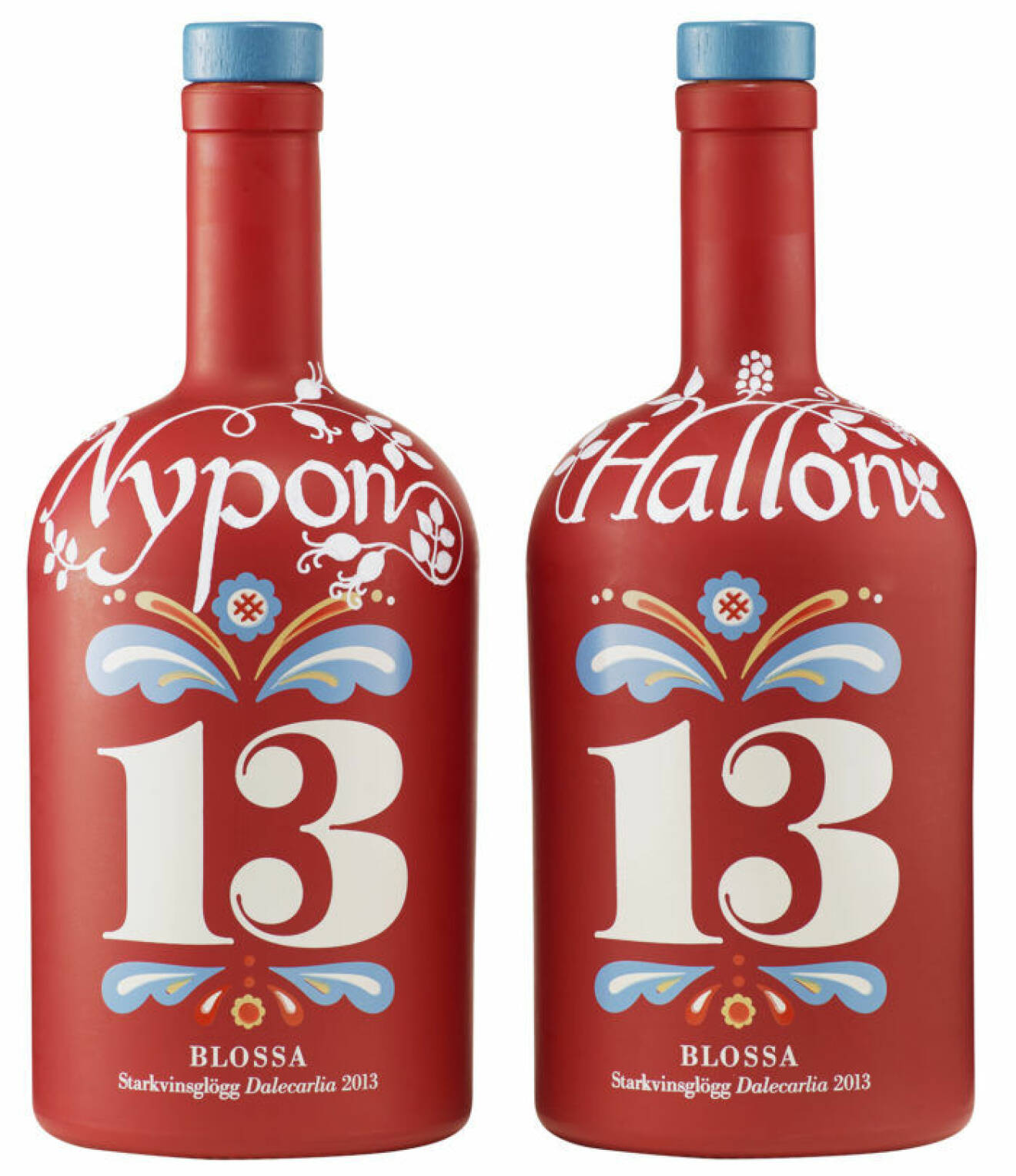 Två flaskor av Blossas årgångsglögg från år 2012, med smak av hallon och nypon.