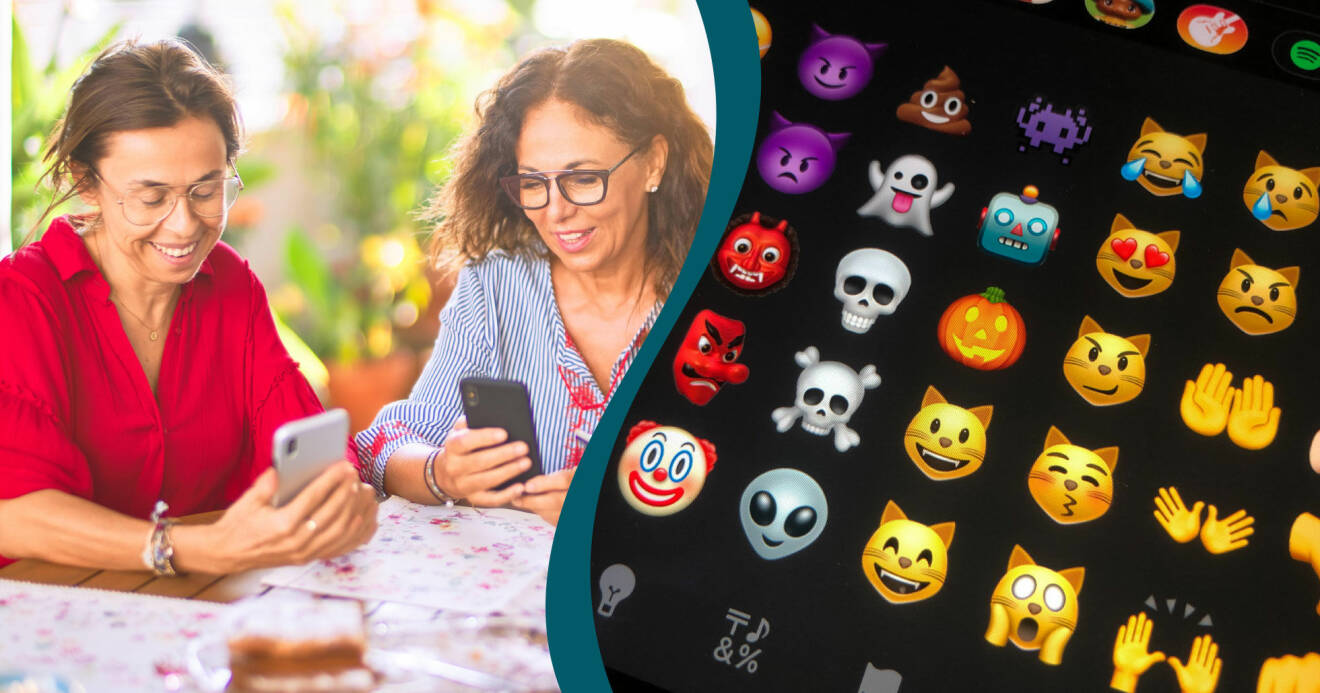 Två kvinnor med mobiltelefoner kombinerat med en bild på emojis.