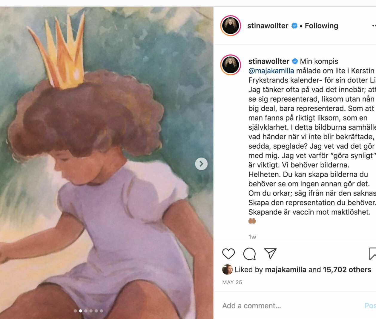 Det var Maj-flickan med krona som Maja först provade att måla om. Skärmdump från Stina Wollters instagram. Majflickan har brunt hår och hy. Brevid står Stinas hyllande text.