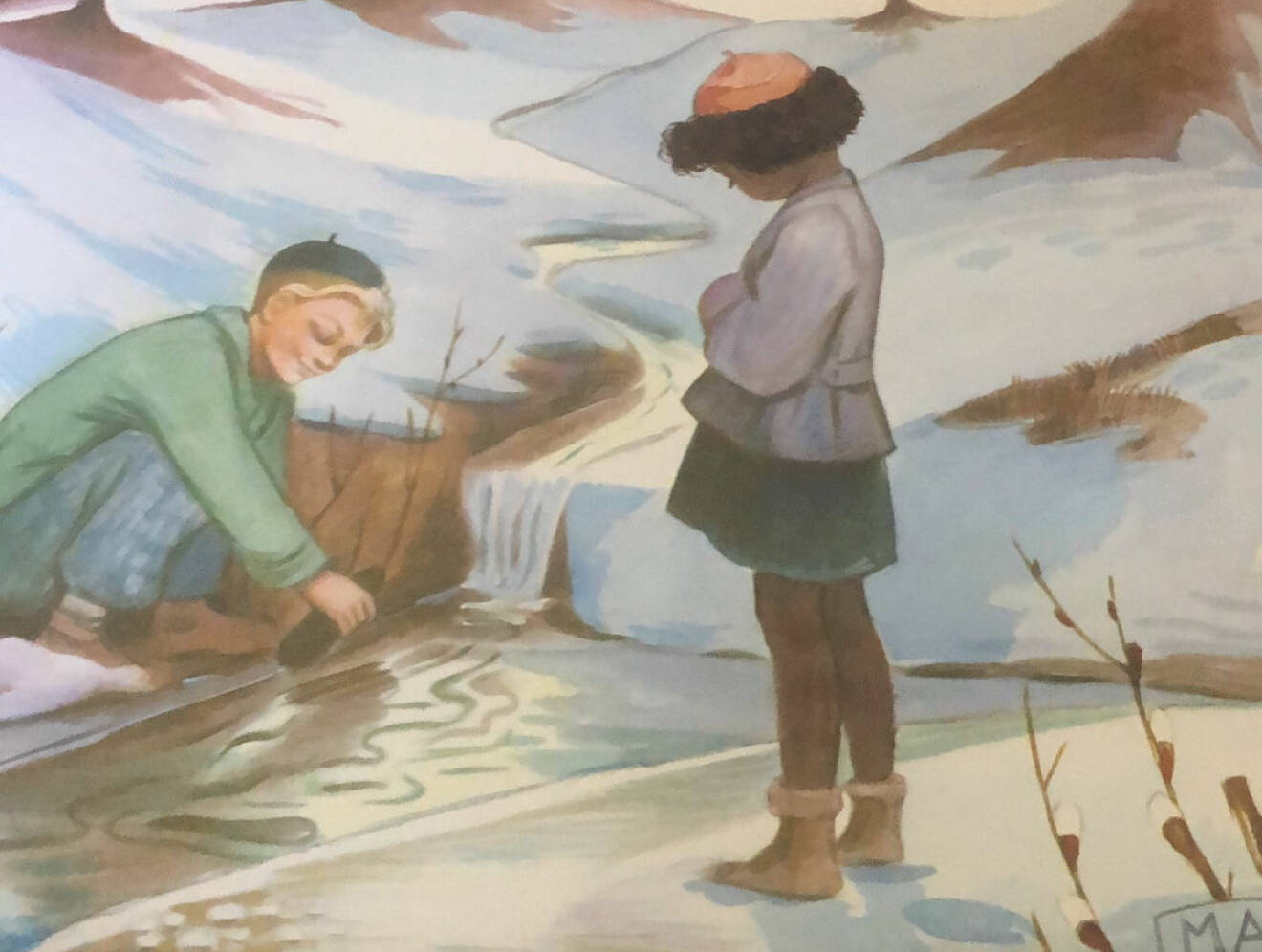 Ommålad kalenderbild. En svart flicka tittar på medan en vit pojke leker i en älv om vintern.