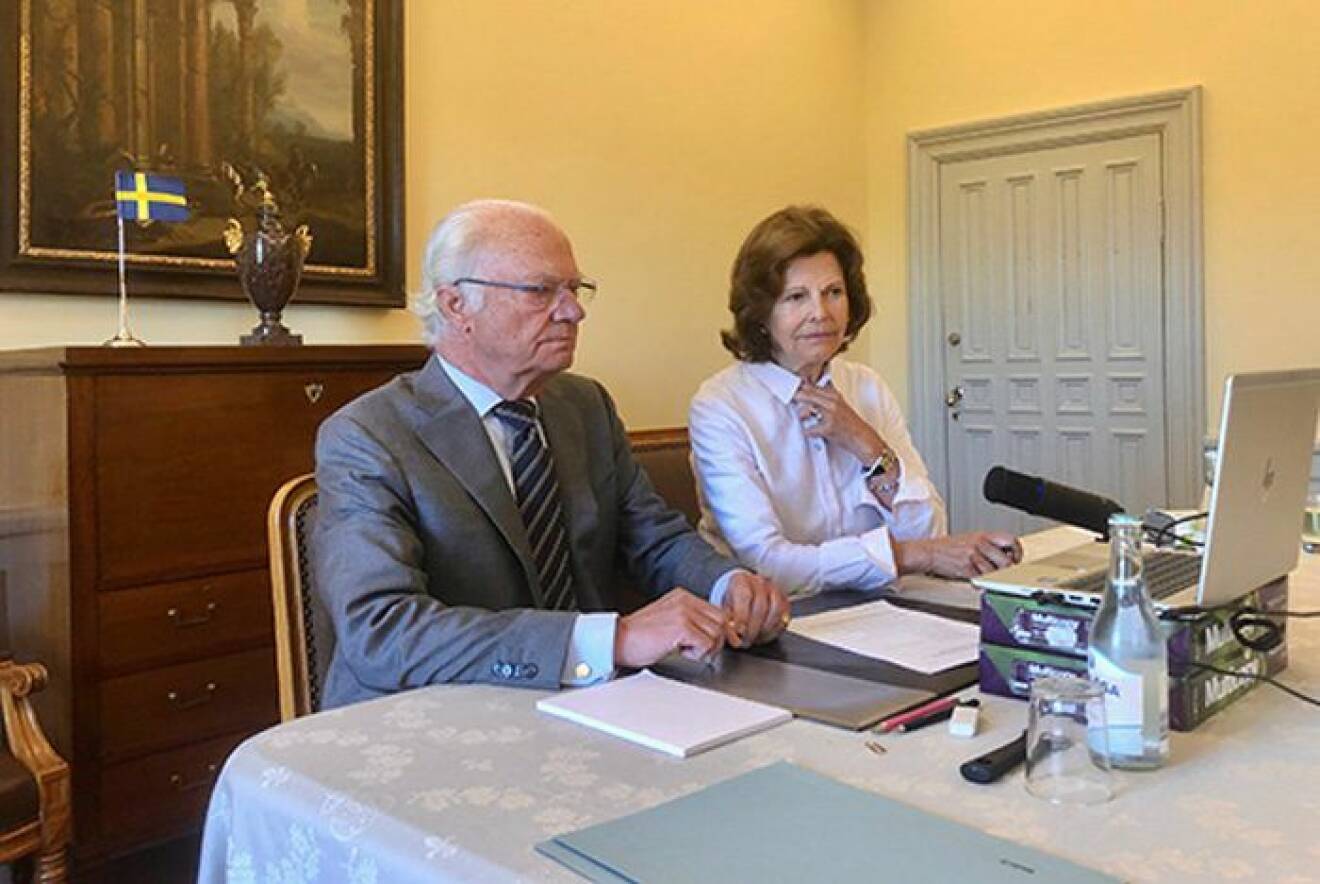 Kungen och drottningen under det digitala mötet med Ann Linde.