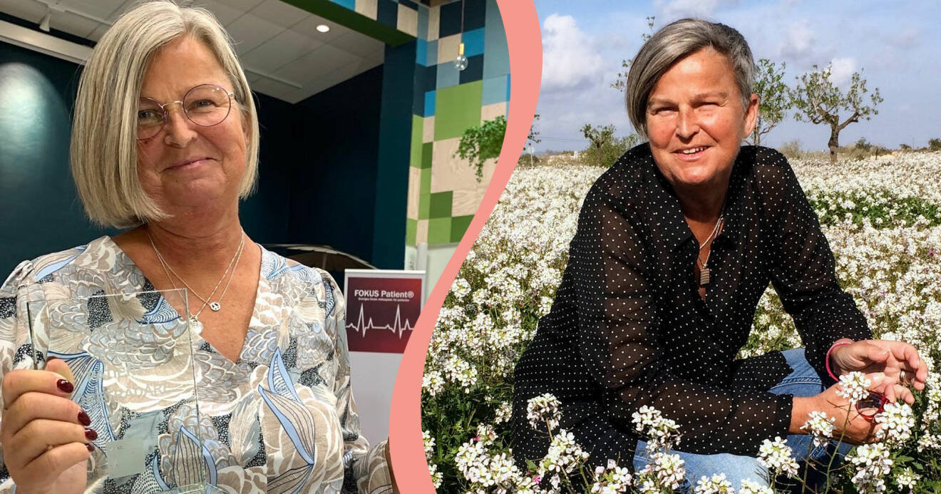 Delad bild. Till vänster: Monica Holmner mottar pris för Årets patientföreträdare av Fokus Patient 2019. Till höger: Monica Holmner sitter på huk mitt i en blomsteräng.