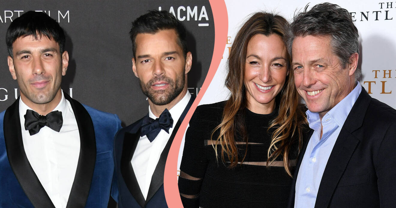 Delad bild. Till vänster syns Ricky Martin och maken Jwan Yosef på röda mattan. Till höger syns Hugh Grant tillsammans med hustrun Anna Eberstein.