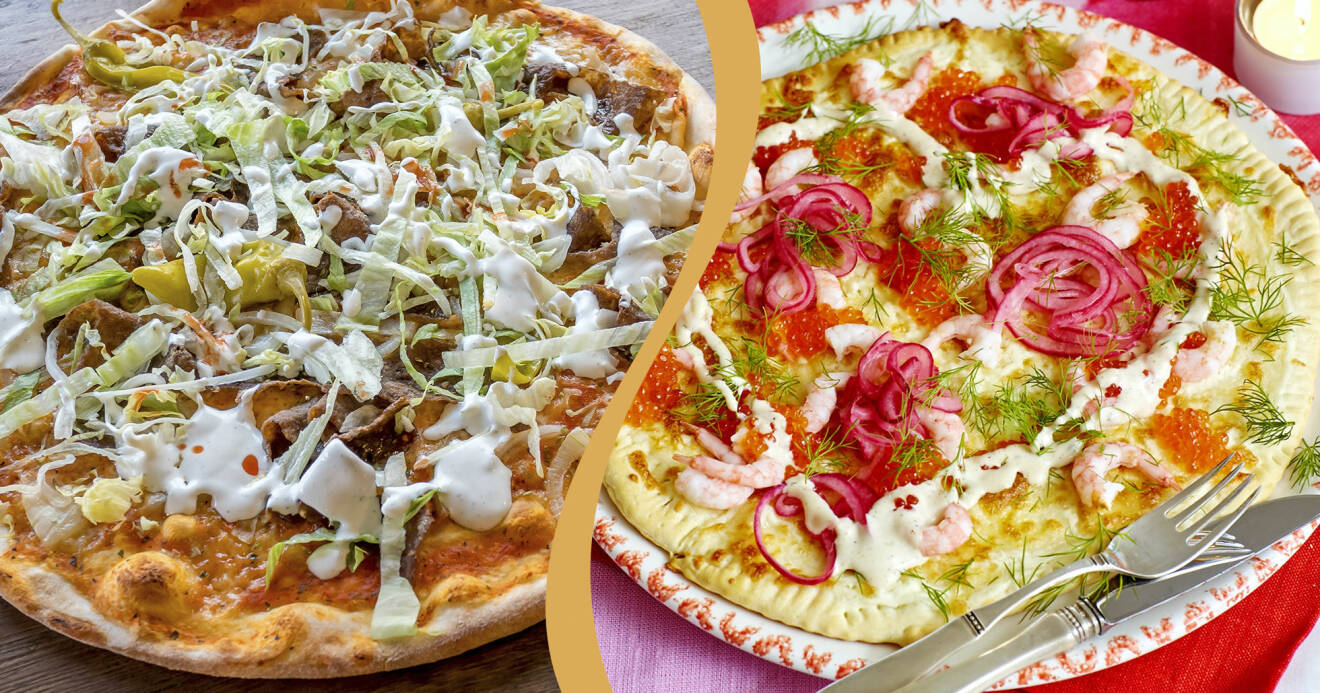 Till vänster: Klassisk kebabpizza. Till höger: Pizza bianco med räkor, picklad rödlök och rom.