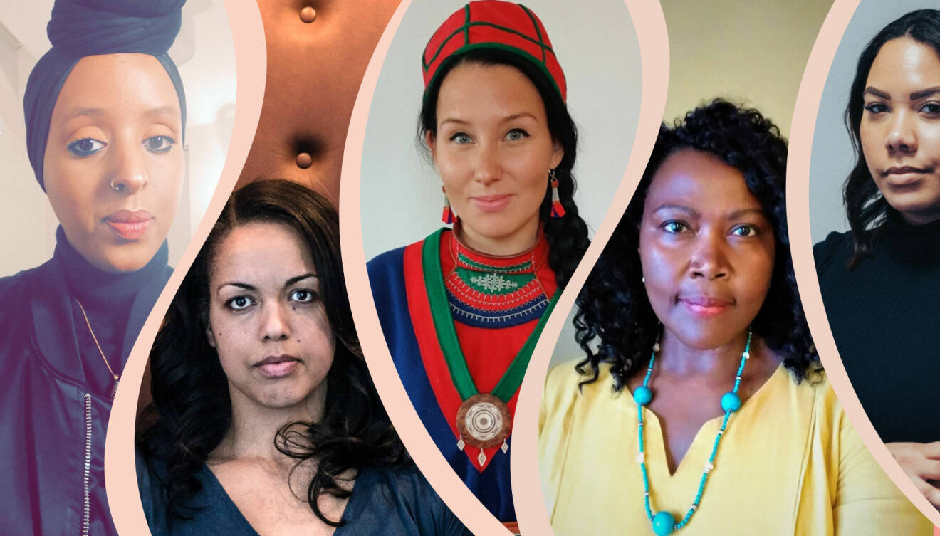 Ett kollage med porträtt på Anbara Hussein, Elaine Eksvärd, Ina Omma, Irene Opira och Nicole Kavander