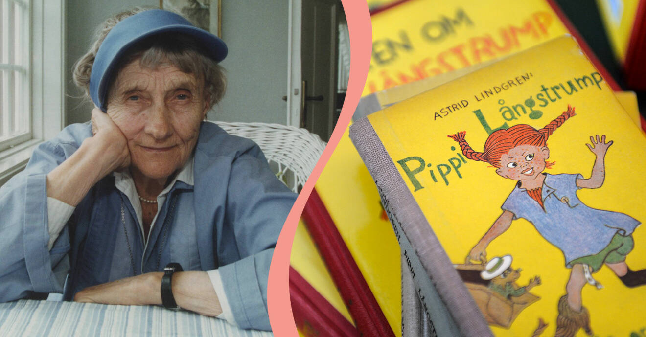 Delad bild. Till vänster syns Astrid Lindgren som sitter i en vit korgstol och lutar huvudet i handen. Till höger syns en trave gamla Pippi Långstrump-böcker.
