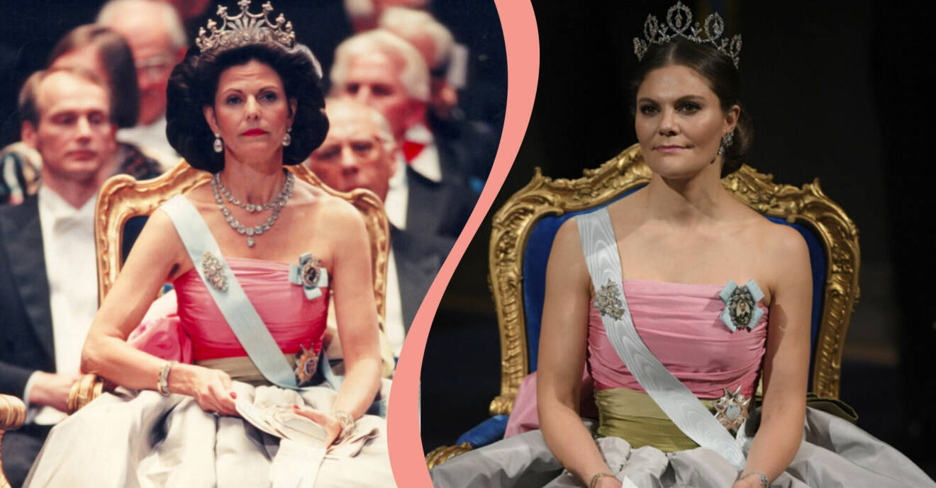 Drottning Silvia till vänster och Kronprinsessan Victoria till höger i samma klänning.