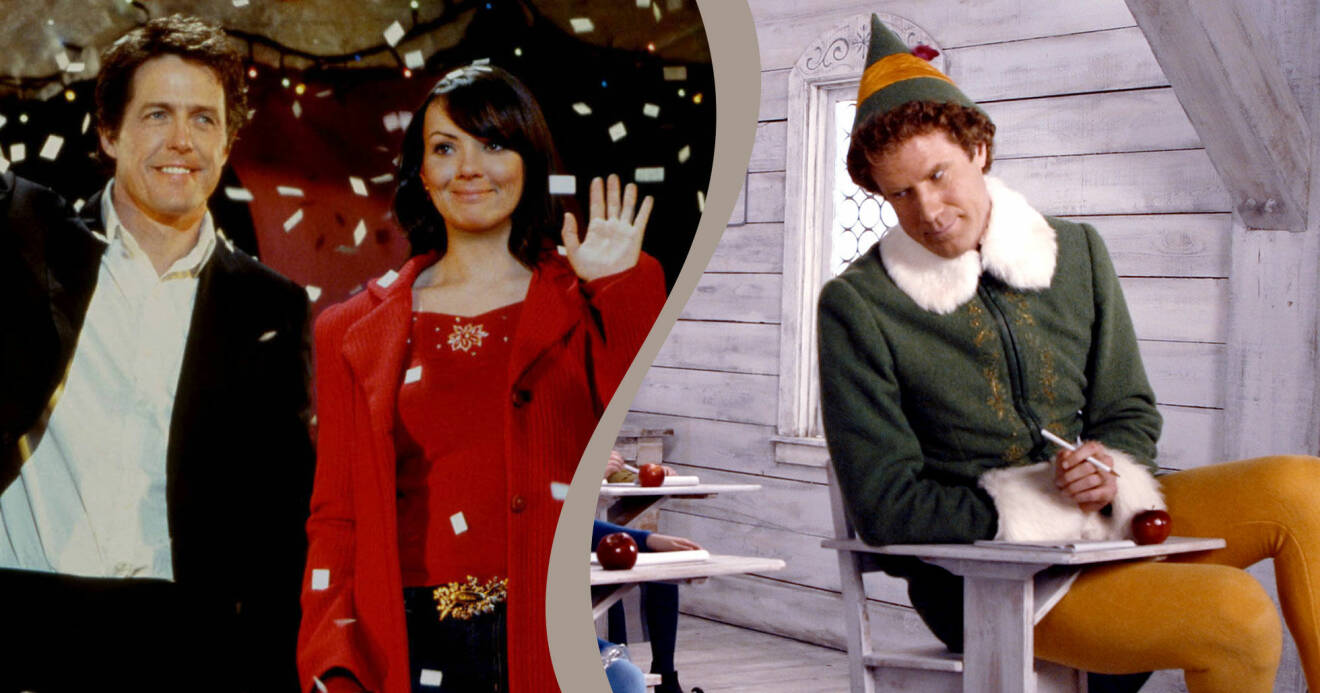 En kombinerad bild av en scen från Love actually och Elf – två populära julfilmer.