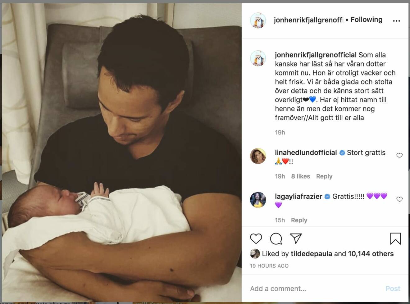 Jon Henrik Fjällgrens med sin nyfödda dotter på Instagram.