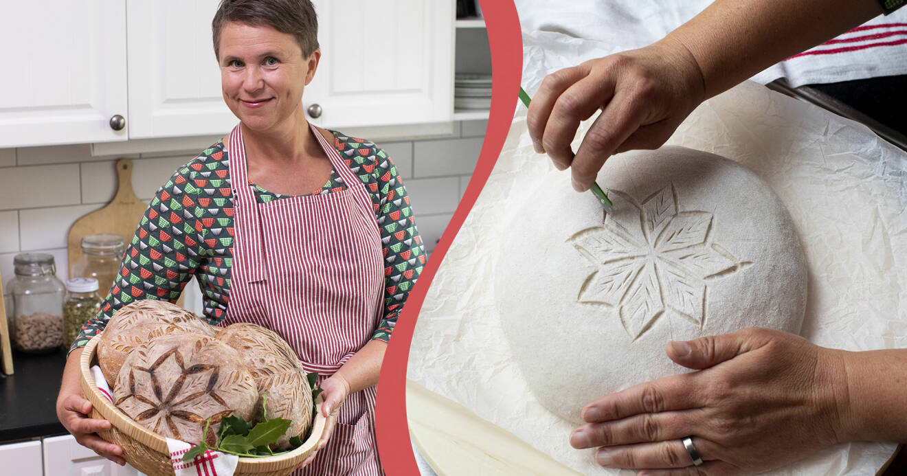 Till vänster: Lisa Södergren håller en korg med nybakat och vackert dekorerat surdegsbröd. Till höger: Lisa Södergren visar hur hon snittar surdegsbröd.
