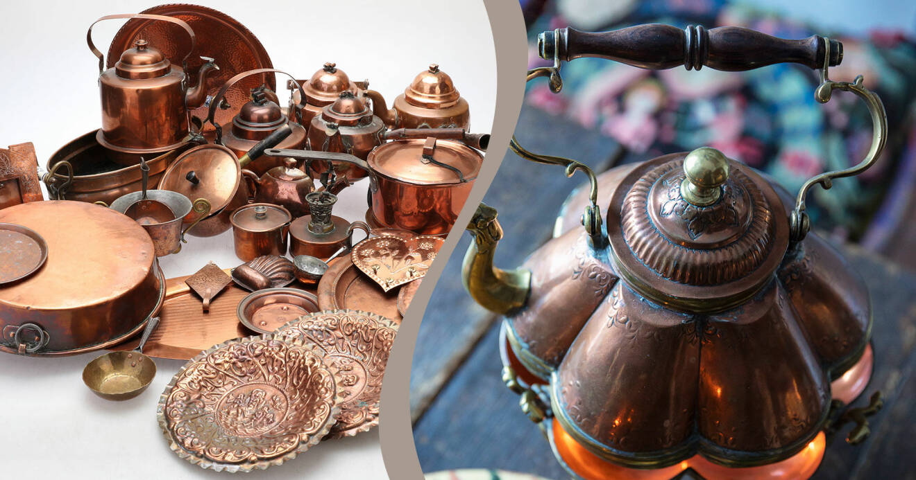 En kombinerad bild av kopparprylar till salu och en vacken tekanna gjord i koppar.