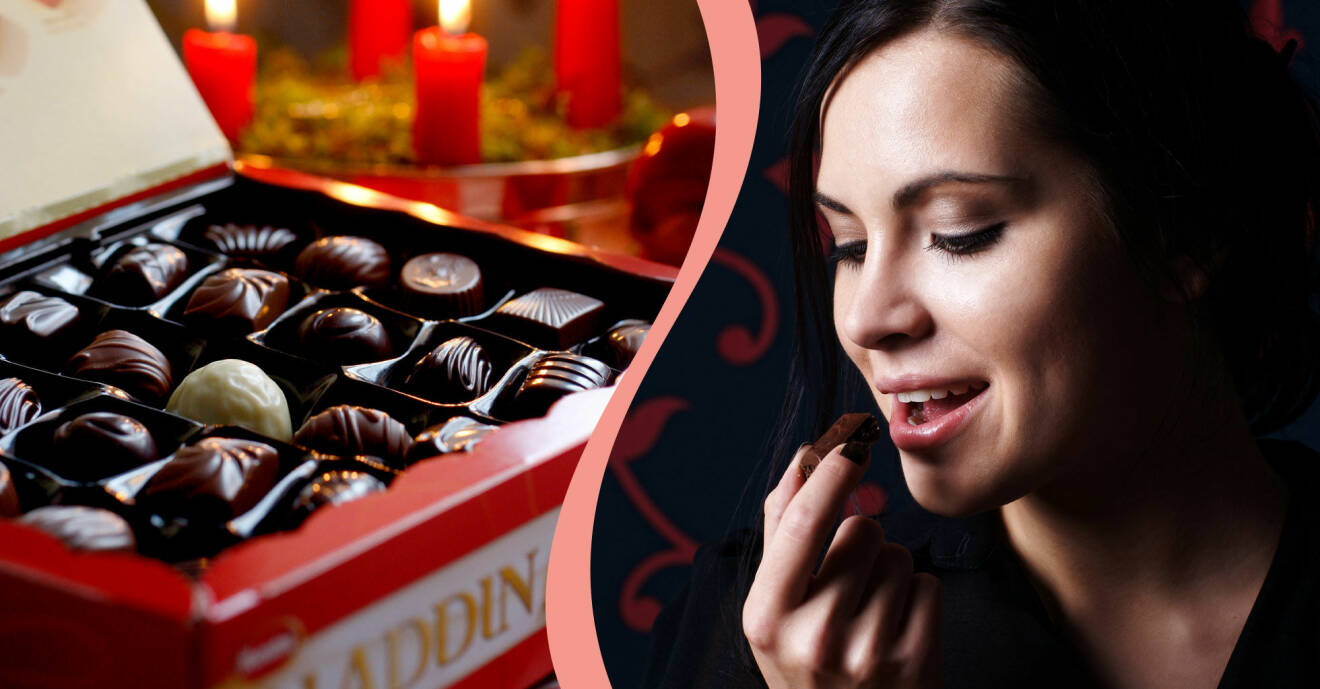 Delad bild med en Aladdinask och en kvinna som äter choklad.