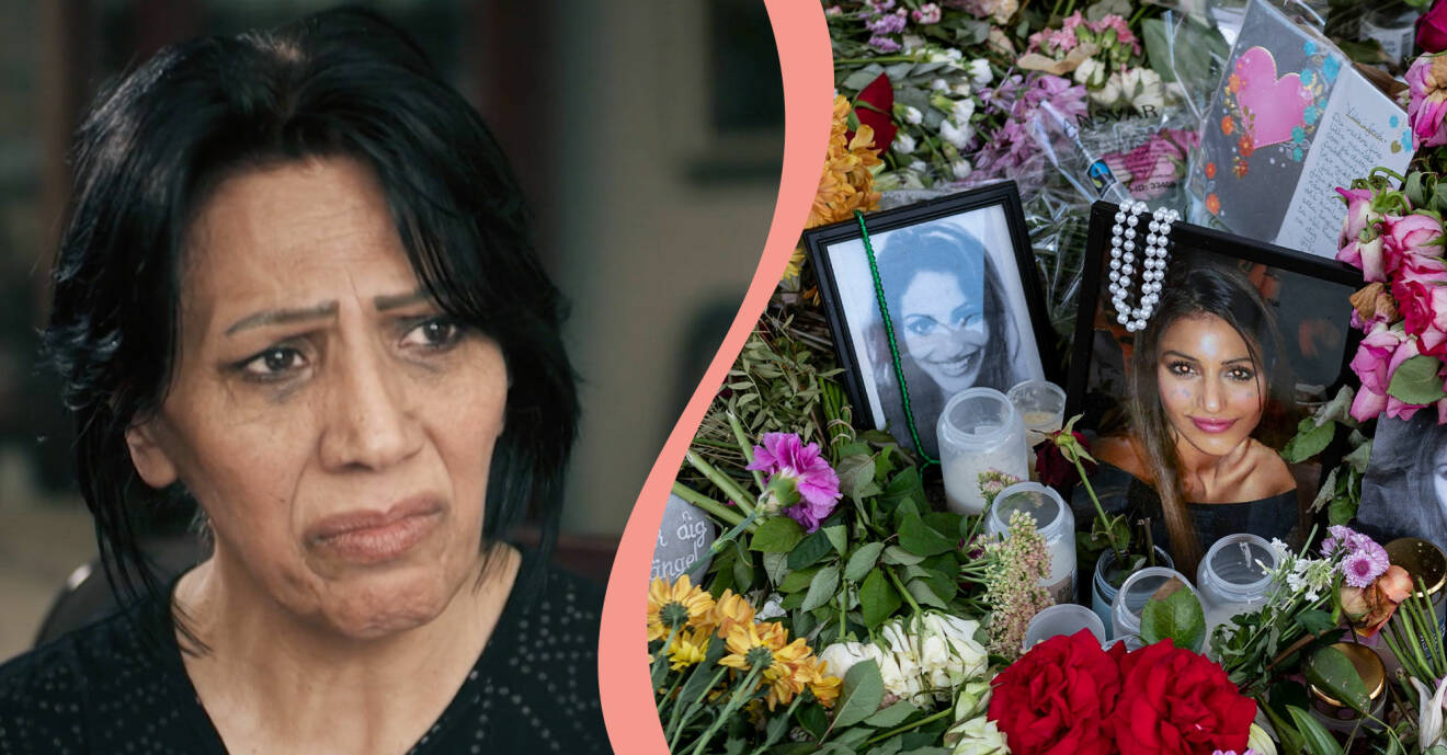 Delad bild. Till vänster syns Shanaz Dastpak som berättar om mordet på dottern Karolin Hakim i Kalla fakta. Till höger syns två bilder på Karolin Hakim tillsammans med ljus och blommor.