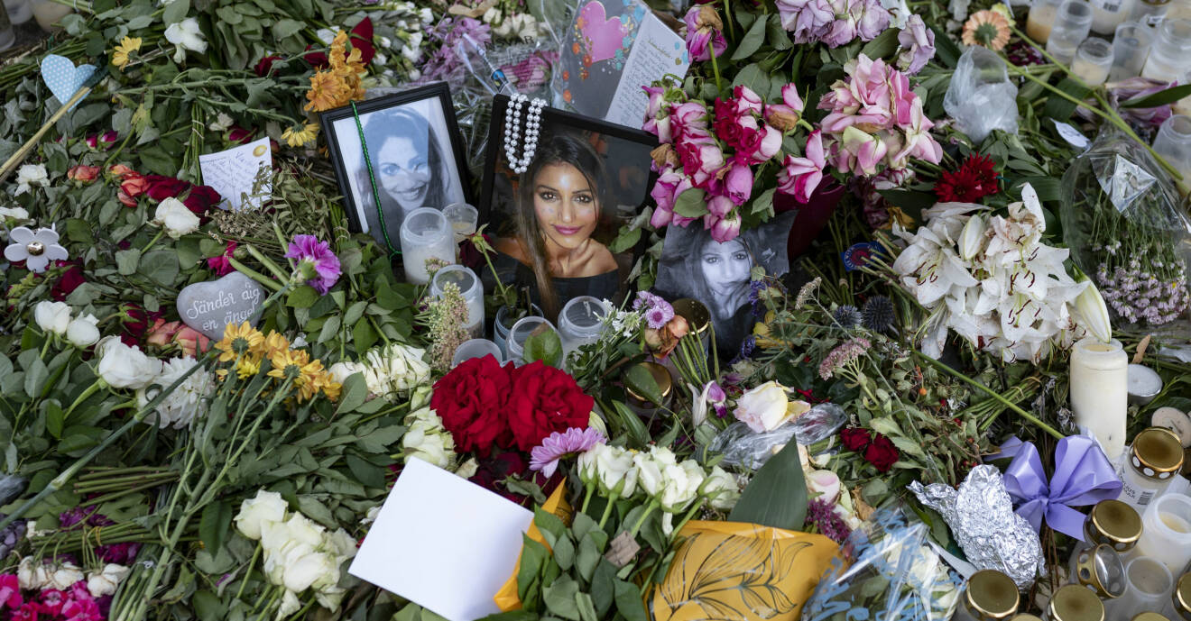 Två bilder på Karolin Hakim tillsammans med blommor och ljus på platsen i Malmö där hon dödades i augusti 2019.