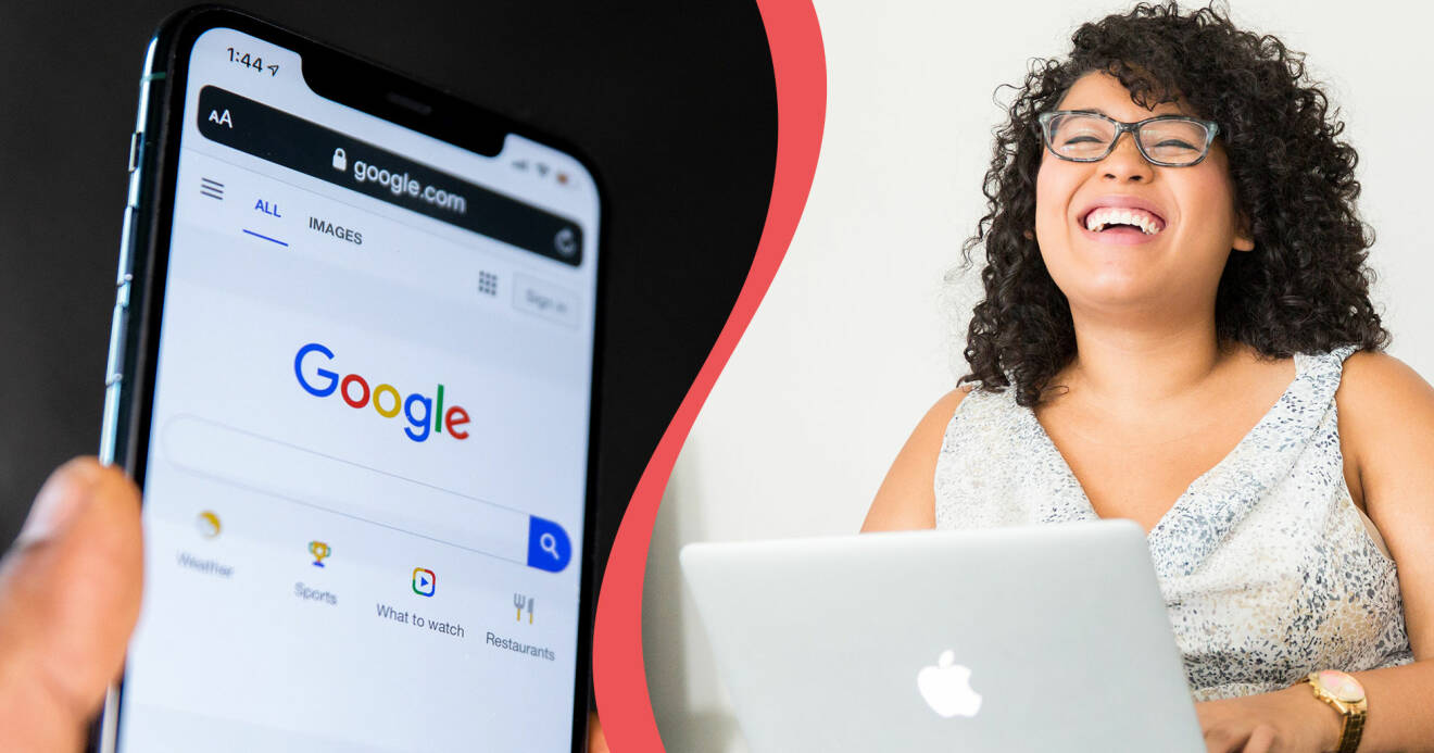 En mobil med google.com framme och en kvinna som precis gjort en sökning på något spännande 2020.