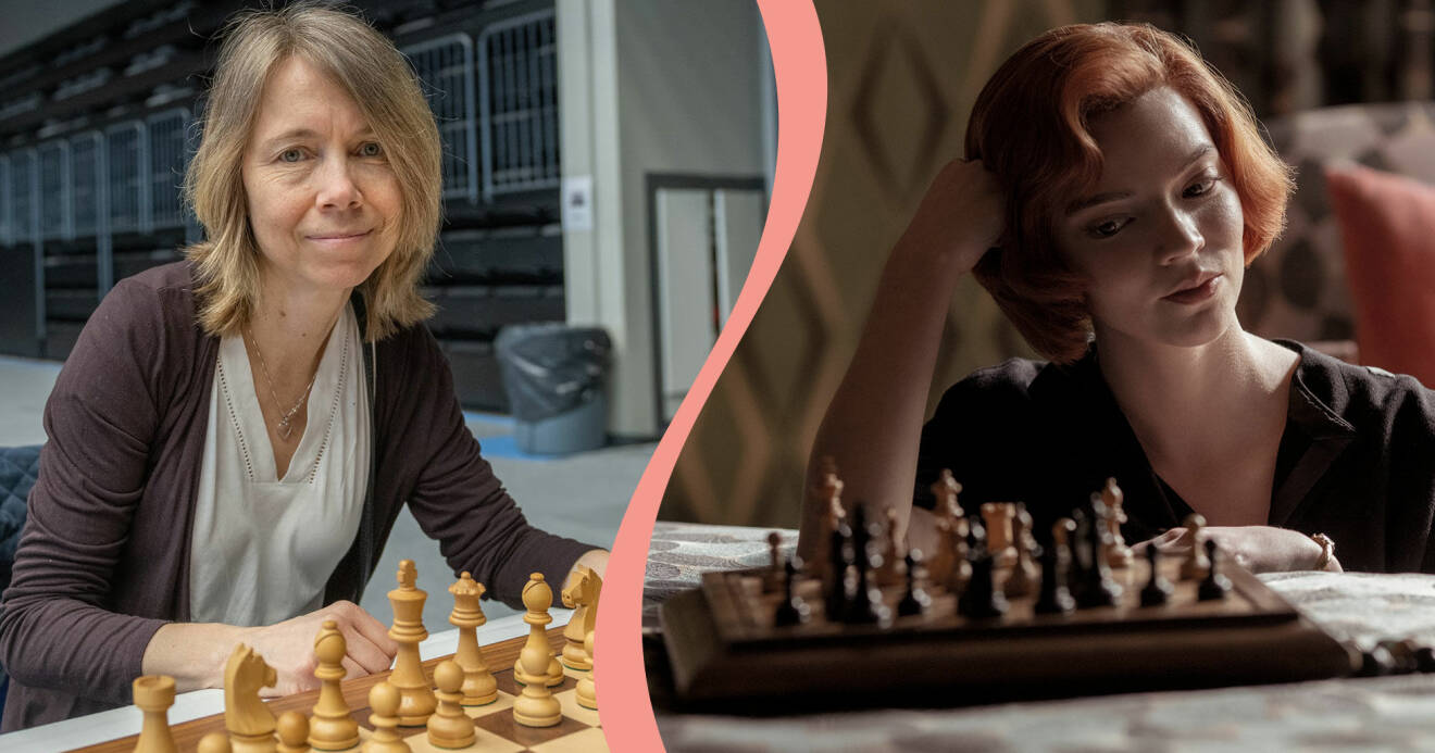 Delad bild. Till vänster syns schackproffset Pia Cramling vid ett schackbräde. Till höger syns Anya Taylor-Joy som Beth Harmon i tv-serien The Queen's gambit.