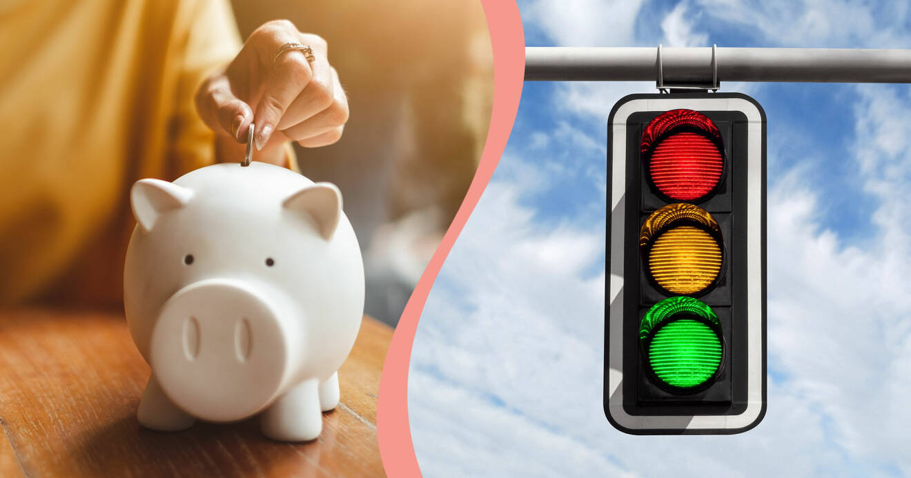 Delad bild till en artikel om spartips i vardagen. Till vänster syns en hand som stoppar ner ett mynt i en spargris. Till höger syns ett trafikljus med röd, guld och grön lampa.