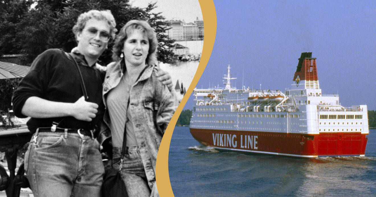 Till vänster: Tyska turisterna Klaus Schelkle och Bettina Taxis som attackerades när de övernattade på finlandsfärjan Viking Sallys däck. Till höger: Färjan Viking Sally på havet.