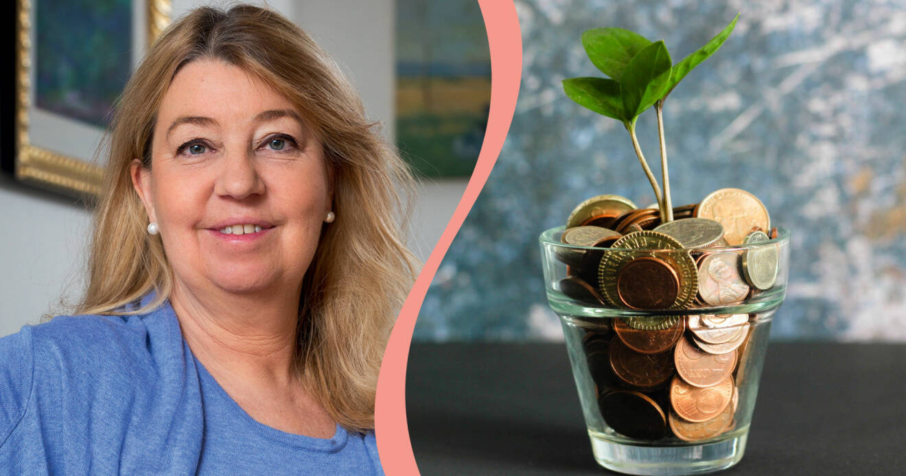 Ekonomiexpert Annika Creutzer i kombinerad bild med en växt som ska symbolisera tillväxt och sparande.