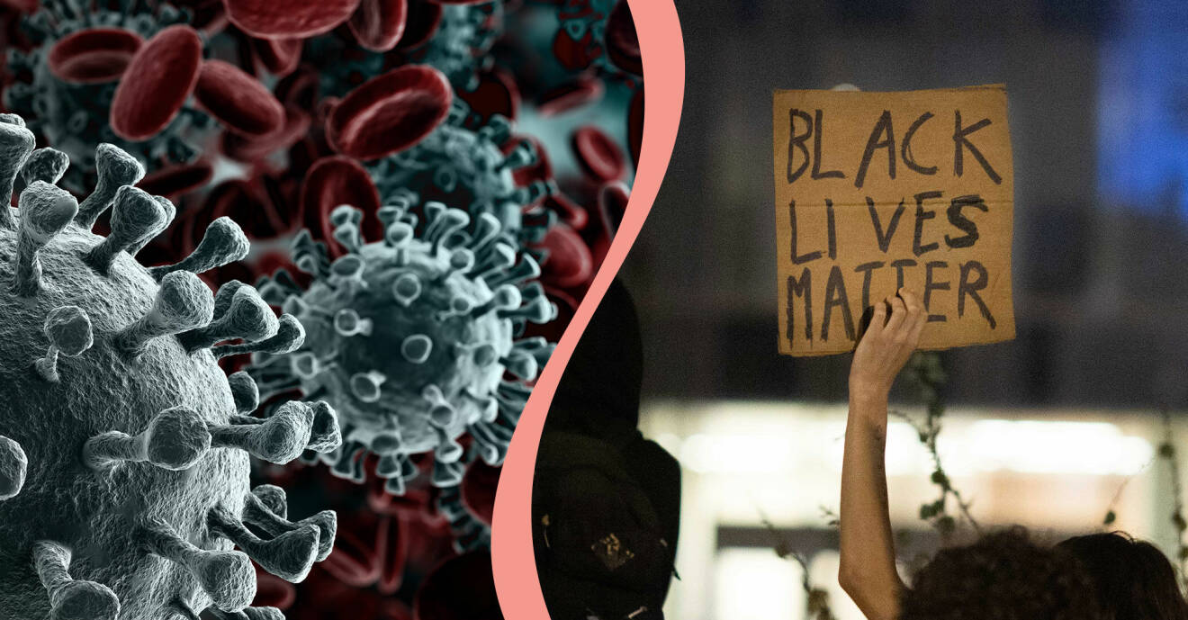 Delad bild för att illustrera viktiga händelser under 2020. Till vänster syns en illustration av coronaviruset, till höger en skylt med texten Black lives matter.