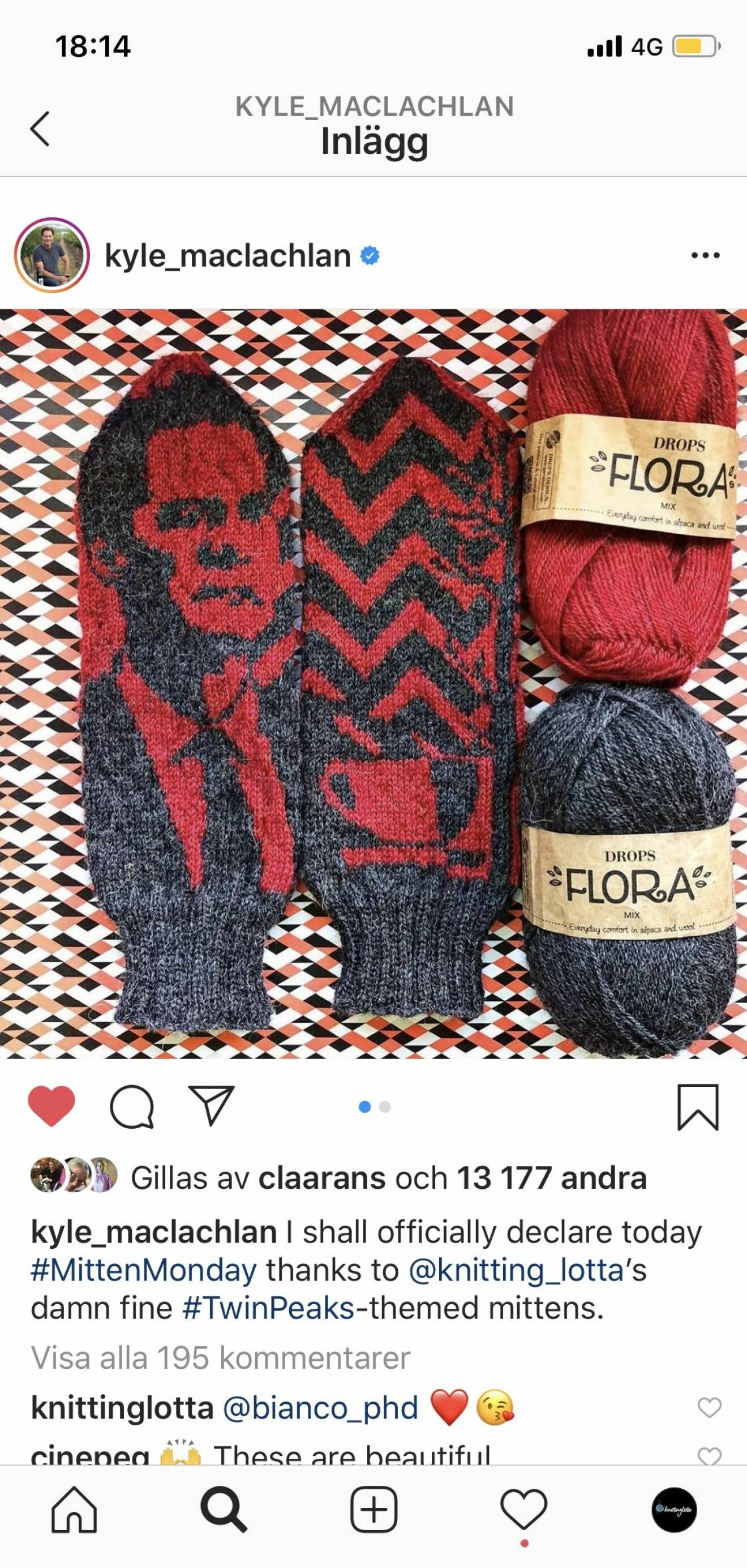 Skådespelaren Kyle MacLachlan har på sin instagramsida delat en bild av Knitting Lottas vantar med motiv från Twin Peaks