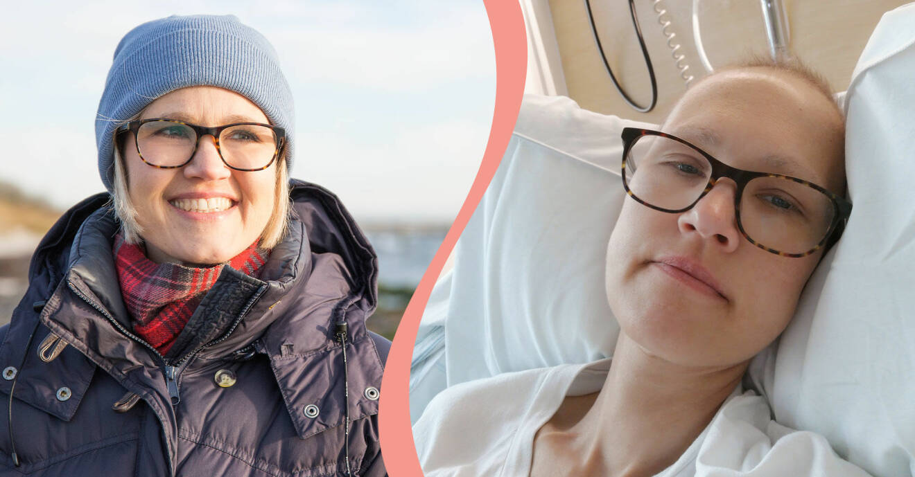 Delad bild. Till vänster syns Ebba Hjertstedt på stranden i Falsterbo. Till höger syns hon i en sjukhussäng två dagar efter sina canceroperation.