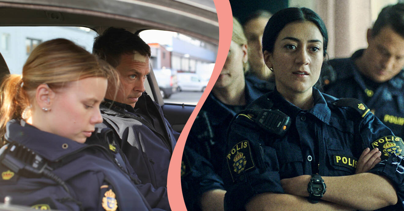 Delad bild. Till vänster syns Oscar Töringe och Amanda Jansson i rollerna som Magnus och Sara i tv-serien Tunna blå linjen. ITill höger syns Gizem Erdogan som Leah i samma serie.