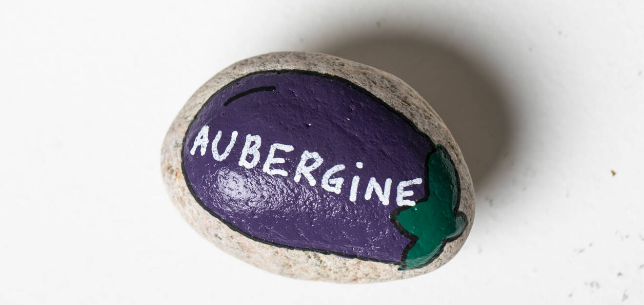 Målad sten med en lila aubergine