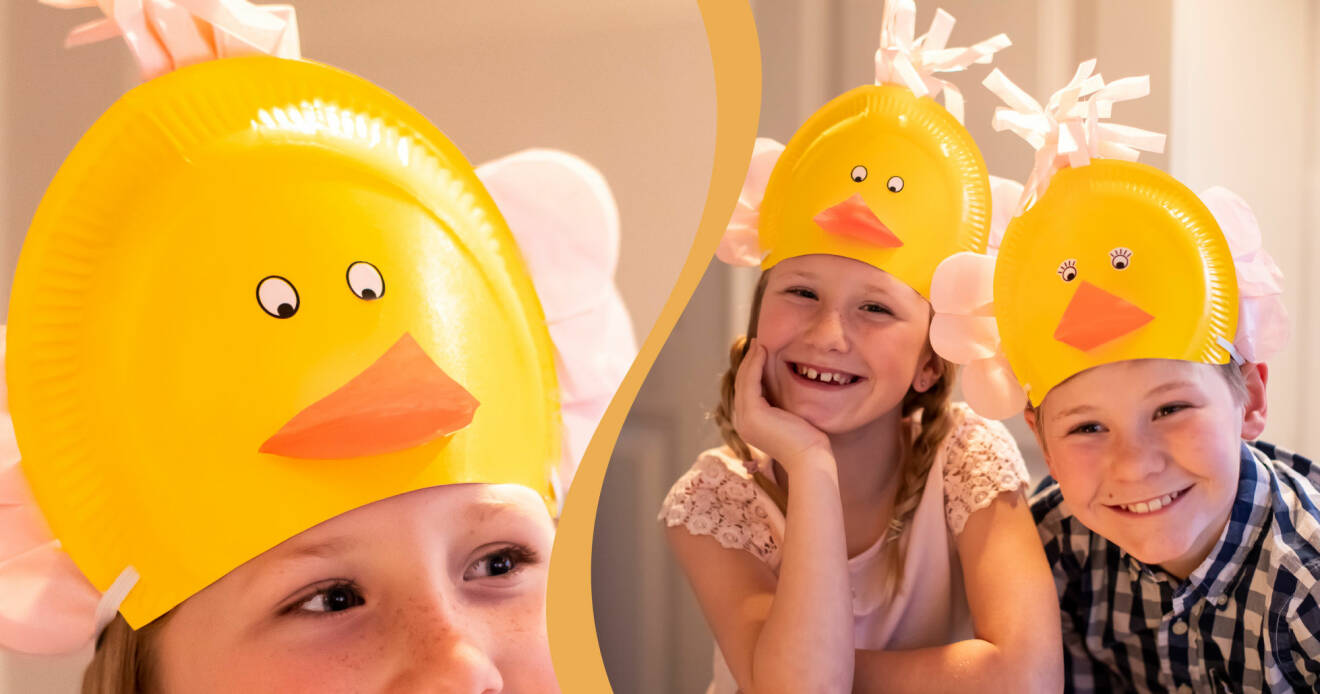 Barn med hemmagjorda hattar som ser ut som kycklingar och är lätta att pyssla själv till påsk