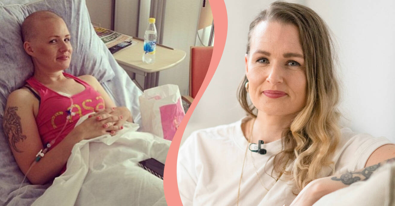 Delad bild. Till vänster syns Jeanette Sjöblom, som drabbades av tarmcancer, i sjukhussängen. Till höger syns hon hemma i sin lägenhet.