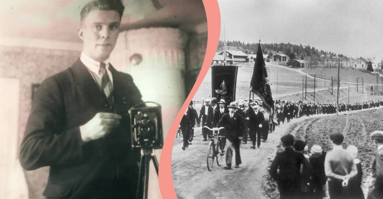 Delad bild. Till vänster Evert Edberg på ett svartvitt foto som han själv tagit med hjälp av en spegel. Till höger den berömda bilden från demonstrationståget i Ådalen 1931 som Evert tog.