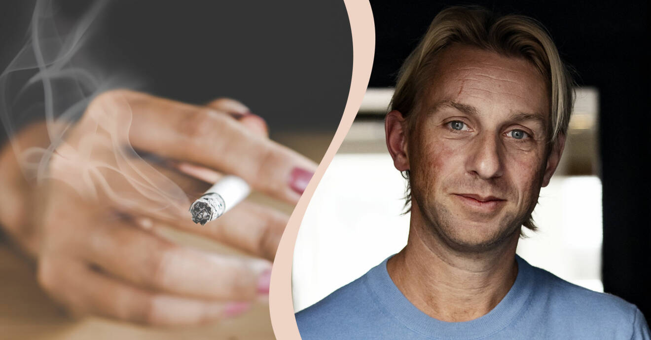 Anders Hansen och en hand med en rökande cigarett