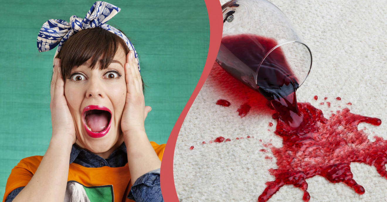 Kvinna med rosett på huvudet ser förfärad ut. Utspillt glas med rödvin på en vit matta.