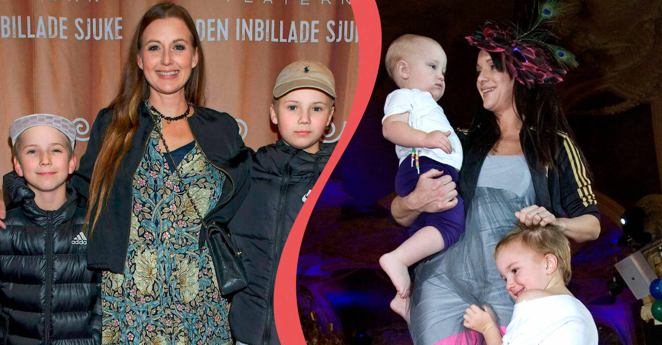 Sanna Lundell på biopremiär med två av sina söner, Lo och Igor. Sofia Wistam med två av sina barn.