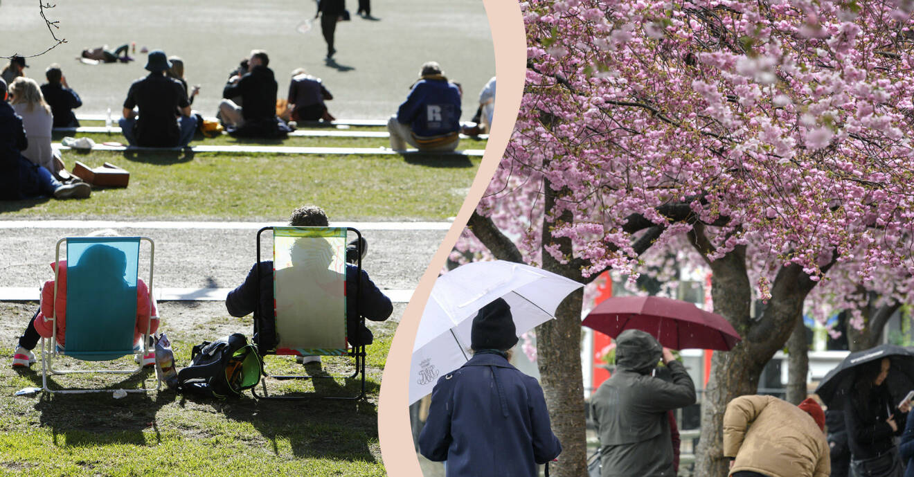 En kollagebild av två foton, ett är en bild av två personer som går med paraply en regnig dag, och den andra bilden består av flera personer som sitter och solar i vårvädret.